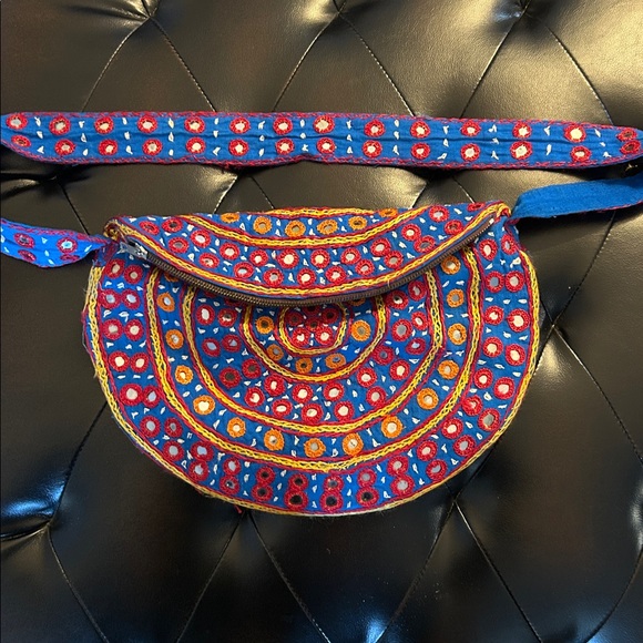 Handmade Handbags - Unique Colorful Embroidered Crossbody Round Purse with Mirrored Insets